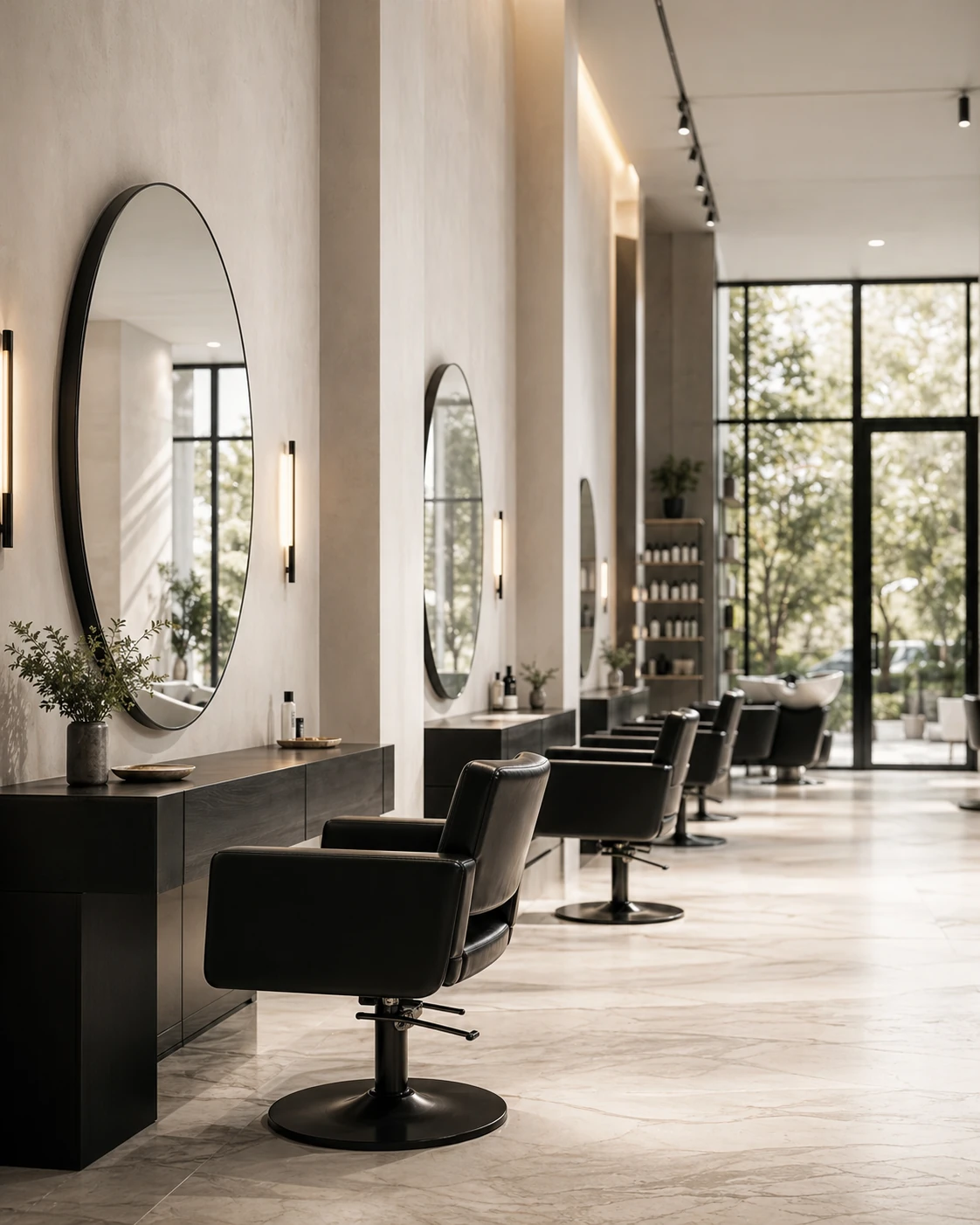 Modern salon interior with styling chairs and mirrors